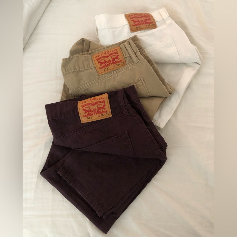 **LOT OF 3** MEN'S LEVI'S 512 CHINO PANTS SIZE 36x29 PORTWINE WHITE KHAKI